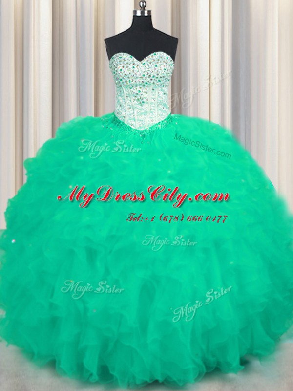 Turquoise Quince Ball Gowns Military Ball and Sweet 16 and Quinceanera and For with Beading and Ruffles Sweetheart Sleeveless Lace Up