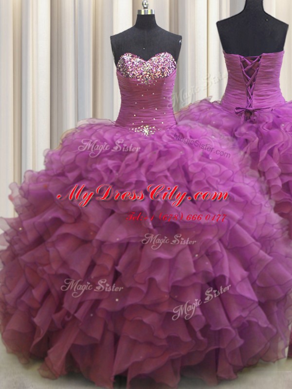 Extravagant Beaded Bust Ball Gowns Ball Gown Prom Dress Fuchsia Sweetheart Organza Sleeveless Floor Length Lace Up