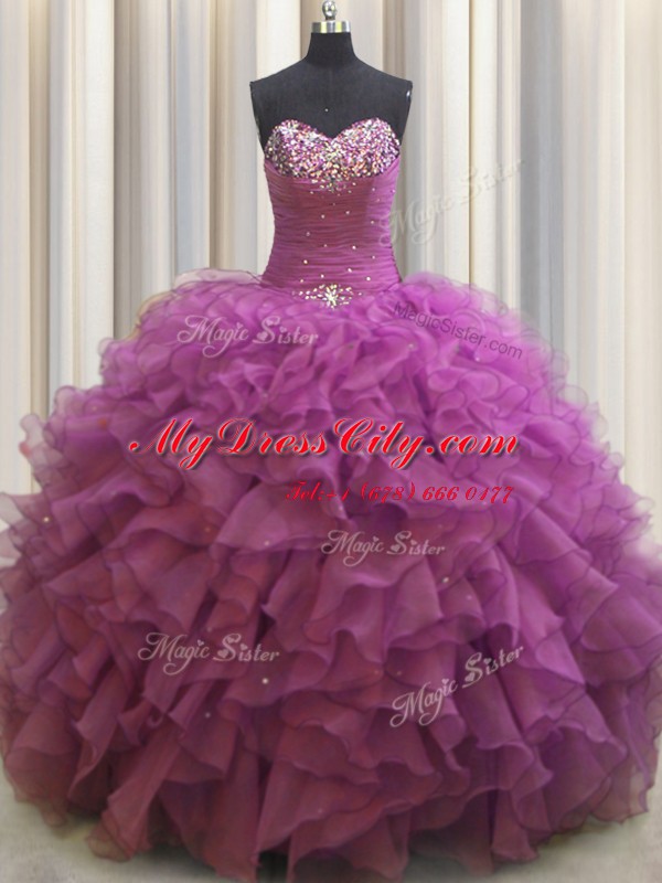 Extravagant Beaded Bust Ball Gowns Ball Gown Prom Dress Fuchsia Sweetheart Organza Sleeveless Floor Length Lace Up