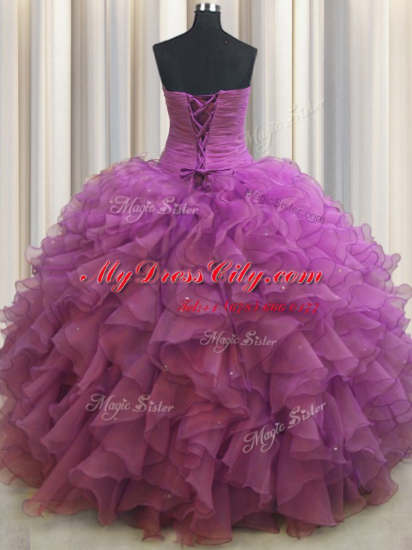 Extravagant Beaded Bust Ball Gowns Ball Gown Prom Dress Fuchsia Sweetheart Organza Sleeveless Floor Length Lace Up