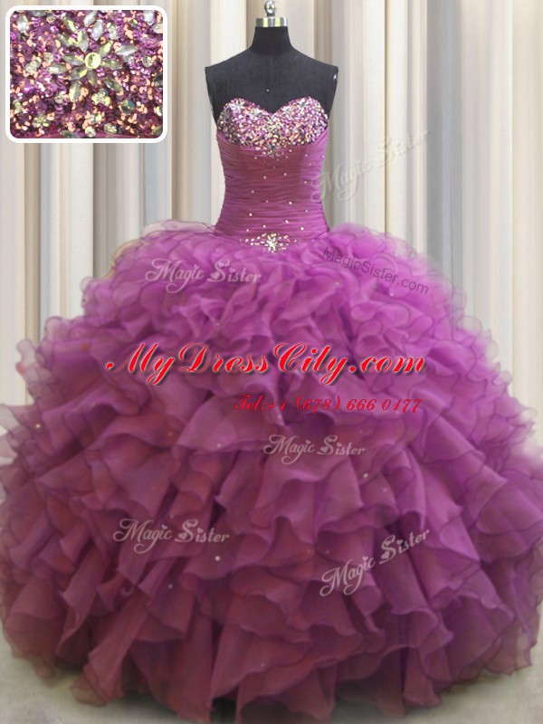 Extravagant Beaded Bust Ball Gowns Ball Gown Prom Dress Fuchsia Sweetheart Organza Sleeveless Floor Length Lace Up