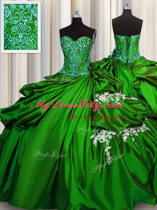 Custom Fit Green Taffeta Lace Up Quinceanera Gowns Sleeveless Floor Length Beading and Appliques