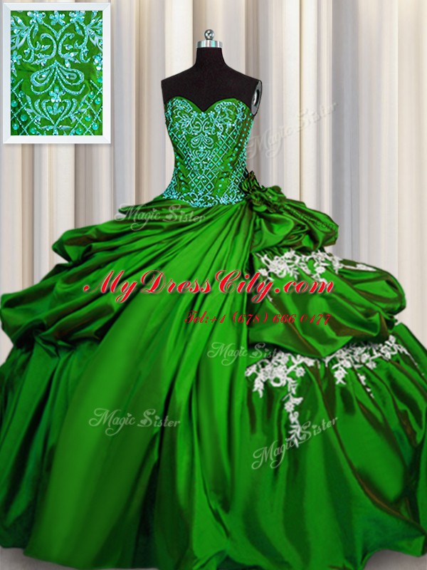 Custom Fit Green Taffeta Lace Up Quinceanera Gowns Sleeveless Floor Length Beading and Appliques