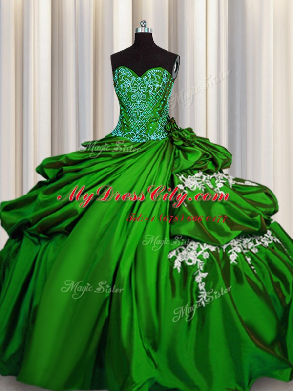 Custom Fit Green Taffeta Lace Up Quinceanera Gowns Sleeveless Floor Length Beading and Appliques