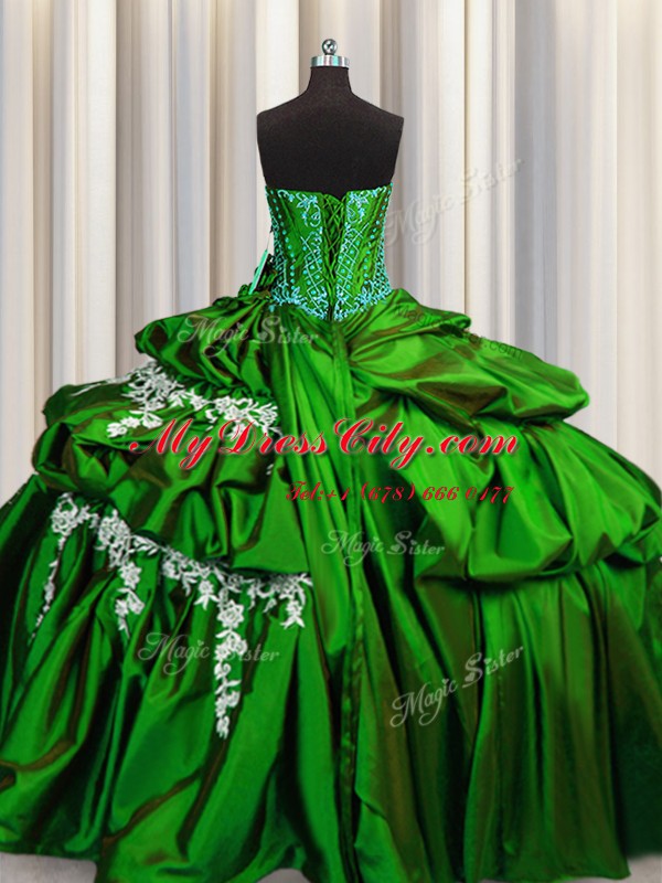 Custom Fit Green Taffeta Lace Up Quinceanera Gowns Sleeveless Floor Length Beading and Appliques