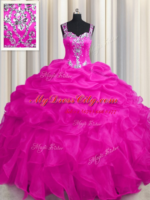 Elegant See Through Zipper Up Hot Pink Organza Zipper Straps Sleeveless Floor Length Quinceanera Gown Appliques and Ruffles and Ruffled Layers