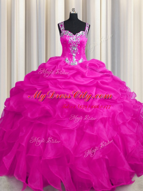 Elegant See Through Zipper Up Hot Pink Organza Zipper Straps Sleeveless Floor Length Quinceanera Gown Appliques and Ruffles and Ruffled Layers