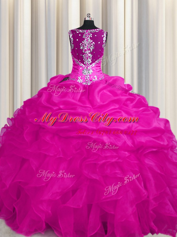 Elegant See Through Zipper Up Hot Pink Organza Zipper Straps Sleeveless Floor Length Quinceanera Gown Appliques and Ruffles and Ruffled Layers