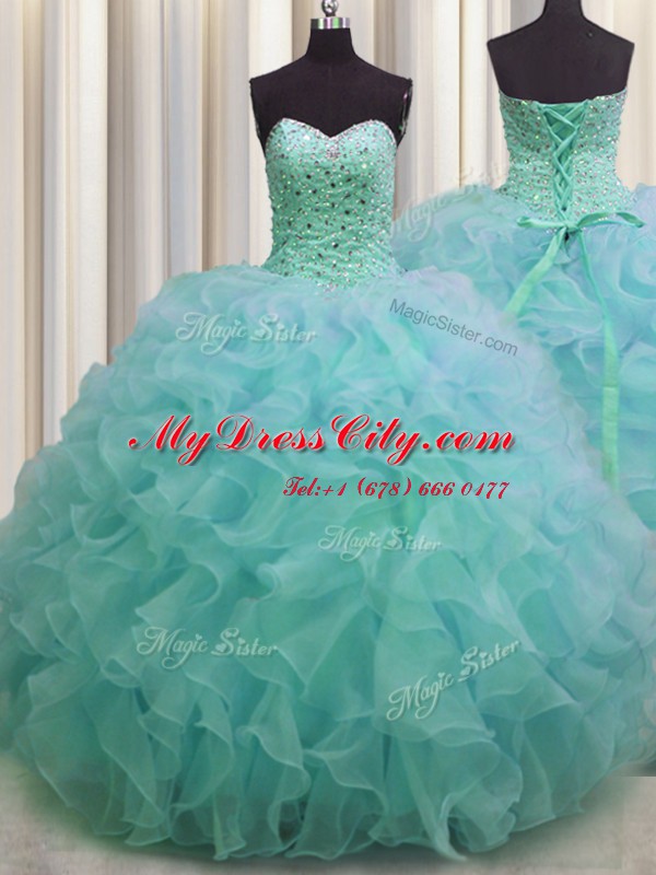 Fitting Green Organza Lace Up Sweet 16 Dresses Sleeveless Floor Length Beading and Ruffles