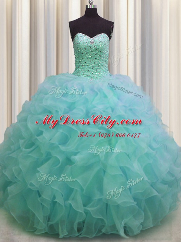 Fitting Green Organza Lace Up Sweet 16 Dresses Sleeveless Floor Length Beading and Ruffles