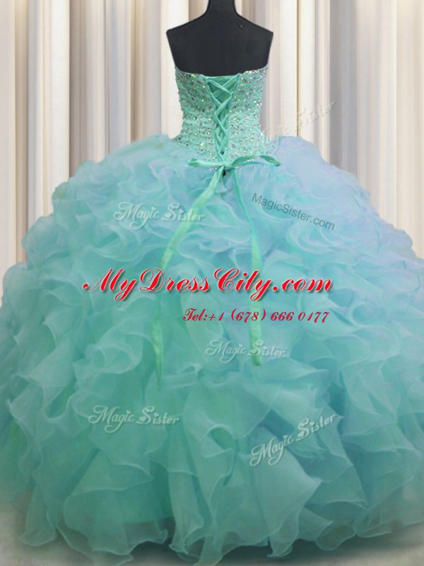 Fitting Green Organza Lace Up Sweet 16 Dresses Sleeveless Floor Length Beading and Ruffles