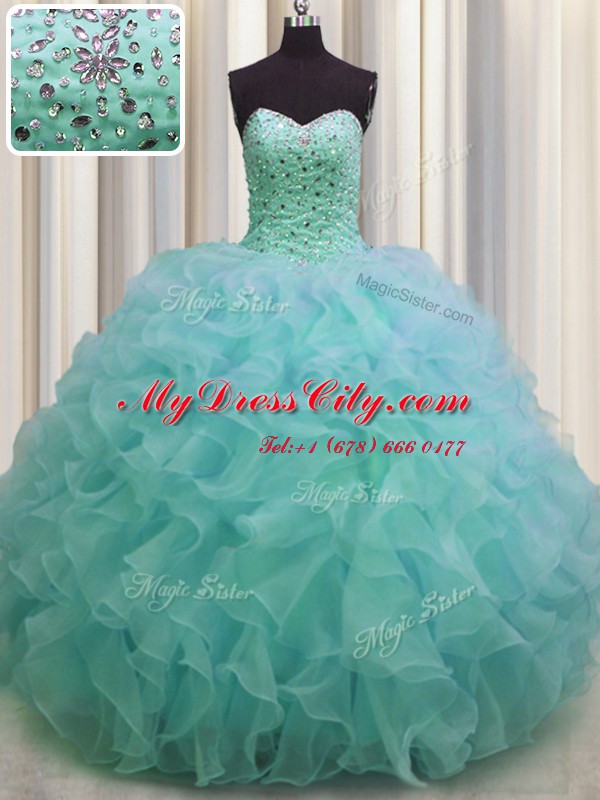 Fitting Green Organza Lace Up Sweet 16 Dresses Sleeveless Floor Length Beading and Ruffles