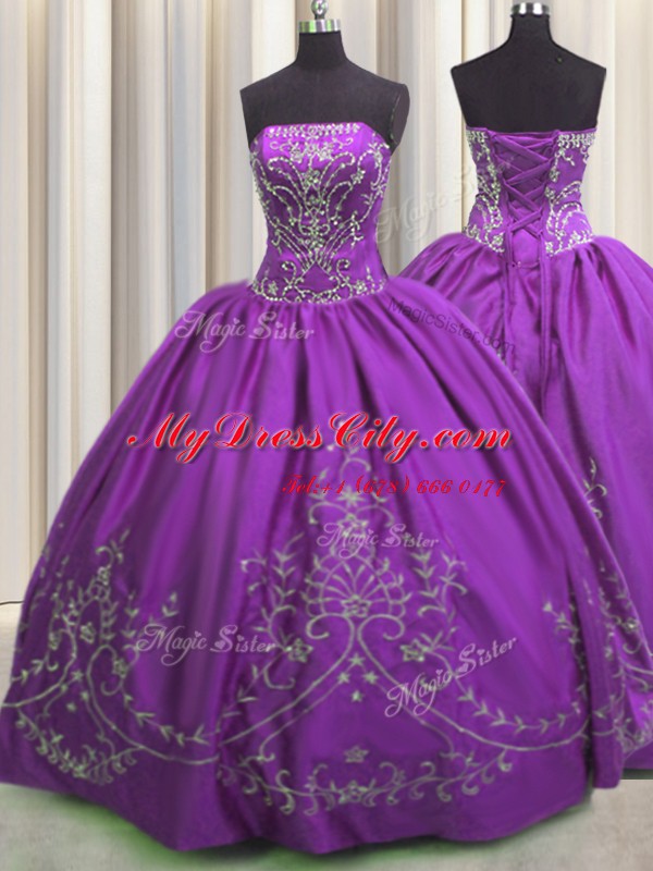 Eggplant Purple Lace Up Quinceanera Dress Embroidery Sleeveless Floor Length