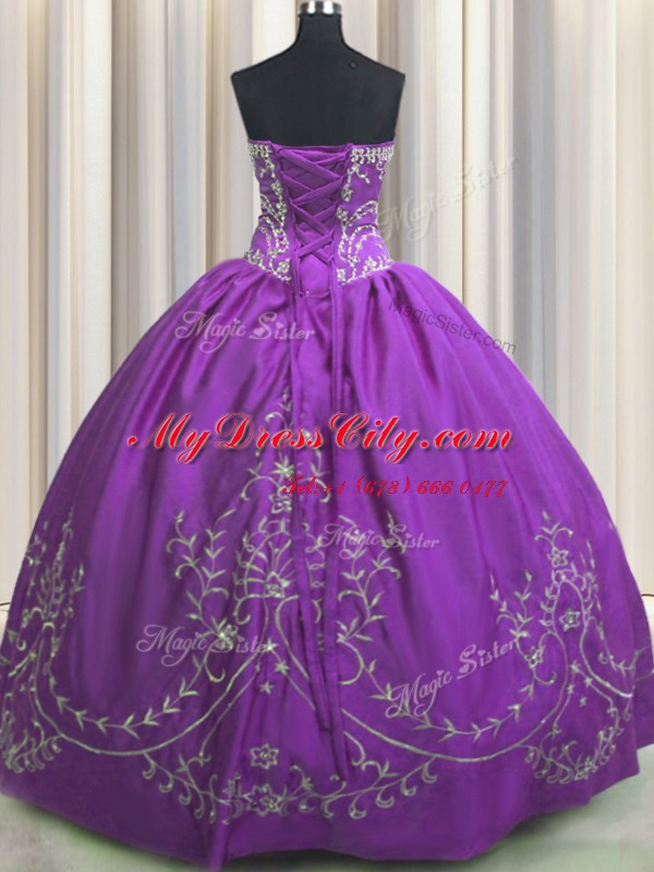 Eggplant Purple Lace Up Quinceanera Dress Embroidery Sleeveless Floor Length