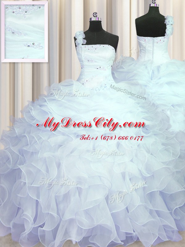 One Shoulder Light Blue Ball Gowns Beading and Ruffles Sweet 16 Dresses Zipper Organza Sleeveless Floor Length