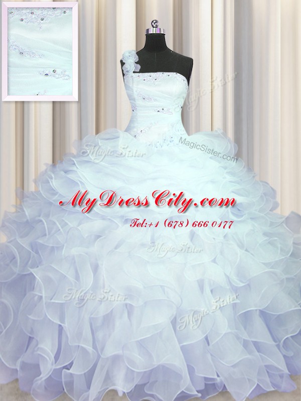 One Shoulder Light Blue Ball Gowns Beading and Ruffles Sweet 16 Dresses Zipper Organza Sleeveless Floor Length