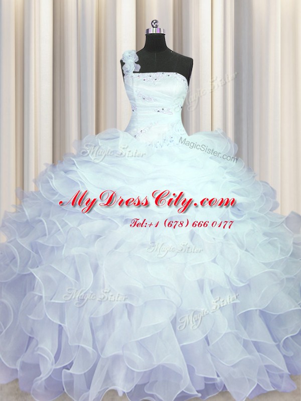 One Shoulder Light Blue Ball Gowns Beading and Ruffles Sweet 16 Dresses Zipper Organza Sleeveless Floor Length