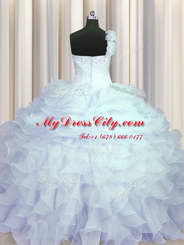 One Shoulder Light Blue Ball Gowns Beading and Ruffles Sweet 16 Dresses Zipper Organza Sleeveless Floor Length