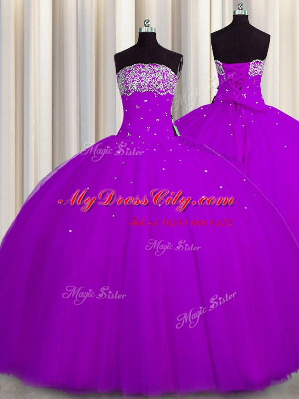 Perfect Really Puffy Tulle Strapless Sleeveless Lace Up Beading and Sequins Quinceanera Gown in Purple