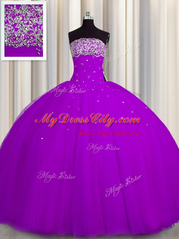 Perfect Really Puffy Tulle Strapless Sleeveless Lace Up Beading and Sequins Quinceanera Gown in Purple