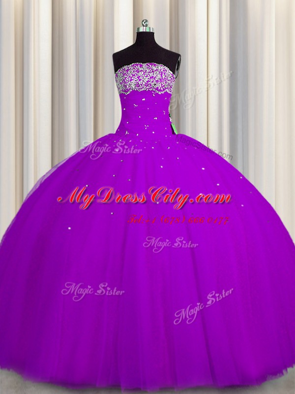 Perfect Really Puffy Tulle Strapless Sleeveless Lace Up Beading and Sequins Quinceanera Gown in Purple