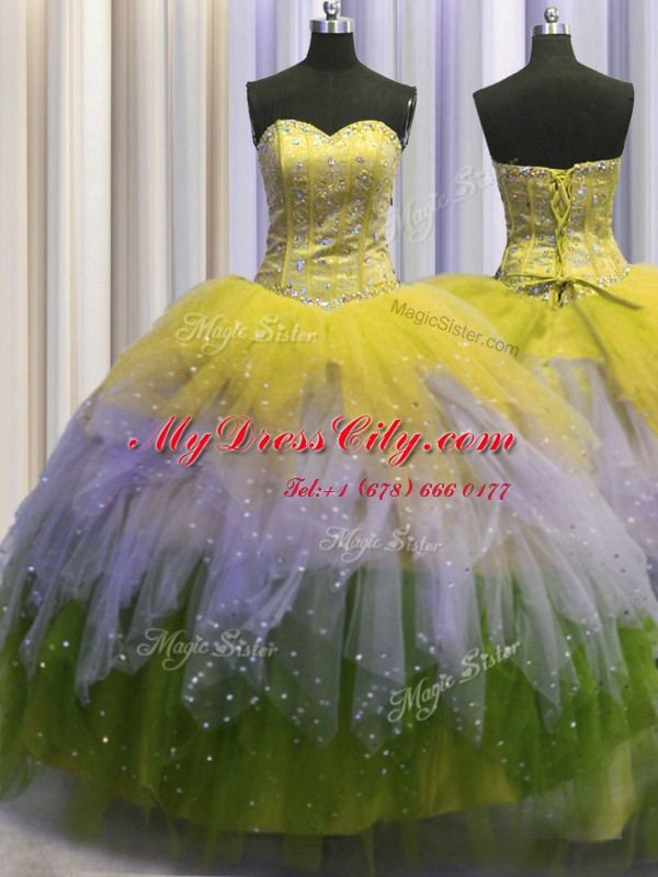 Dazzling Visible Boning Multi-color Ball Gowns Beading and Ruffles and Sequins Vestidos de Quinceanera Lace Up Tulle Sleeveless Floor Length