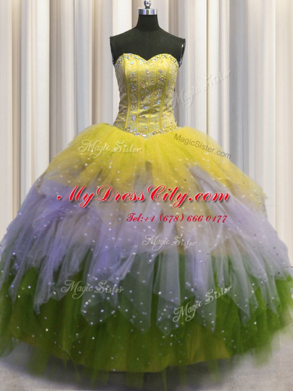 Dazzling Visible Boning Multi-color Ball Gowns Beading and Ruffles and Sequins Vestidos de Quinceanera Lace Up Tulle Sleeveless Floor Length