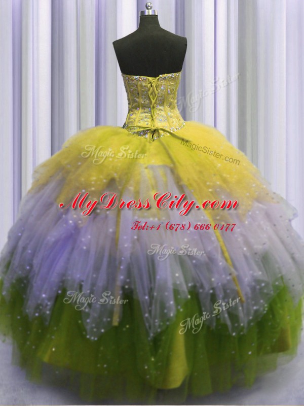 Dazzling Visible Boning Multi-color Ball Gowns Beading and Ruffles and Sequins Vestidos de Quinceanera Lace Up Tulle Sleeveless Floor Length