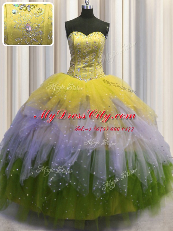 Dazzling Visible Boning Multi-color Ball Gowns Beading and Ruffles and Sequins Vestidos de Quinceanera Lace Up Tulle Sleeveless Floor Length