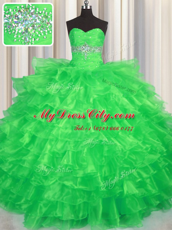 Captivating Floor Length Lace Up Ball Gown Prom Dress Green for Military Ball and Sweet 16 and Quinceanera with Beading and Ruffled Layers