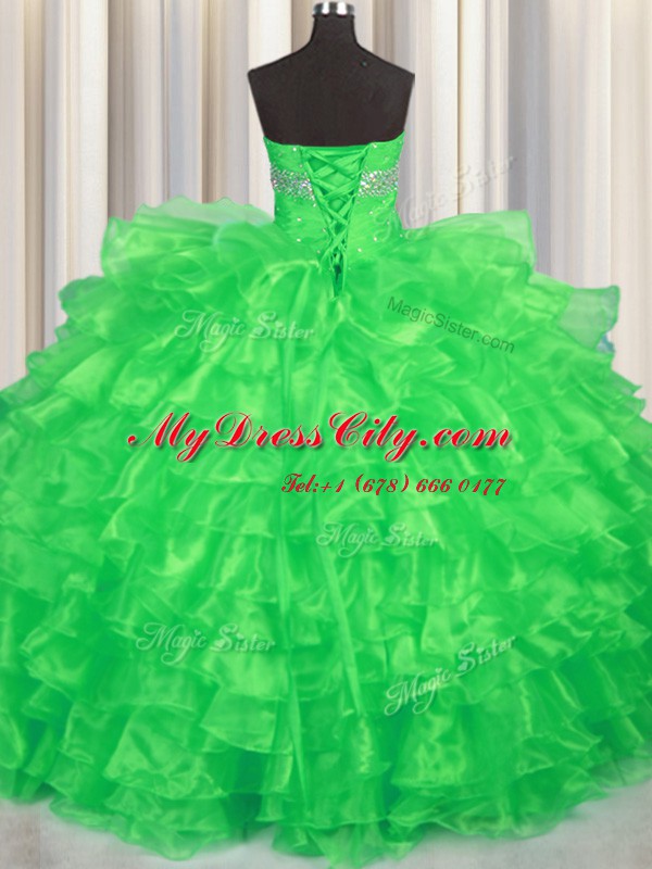 Captivating Floor Length Lace Up Ball Gown Prom Dress Green for Military Ball and Sweet 16 and Quinceanera with Beading and Ruffled Layers