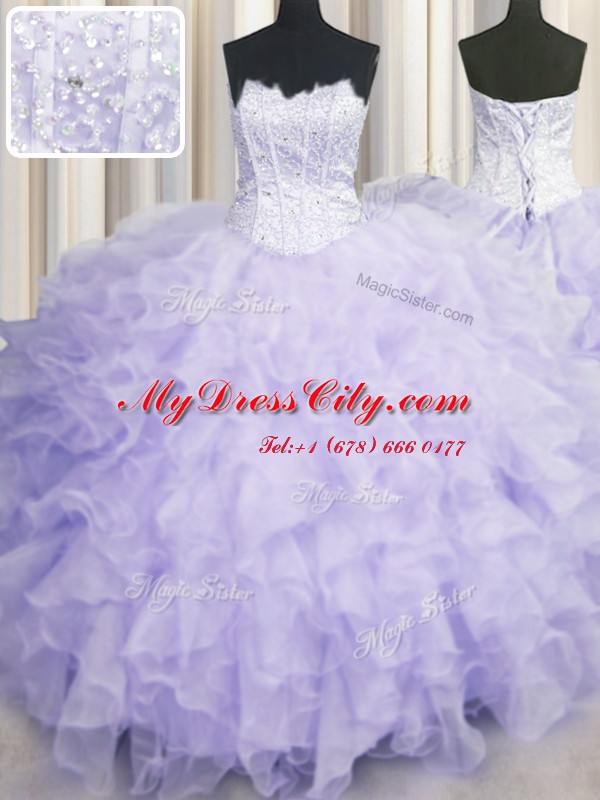 Luxurious Scalloped Beading and Ruffles Quinceanera Dress Lavender Lace Up Sleeveless Floor Length