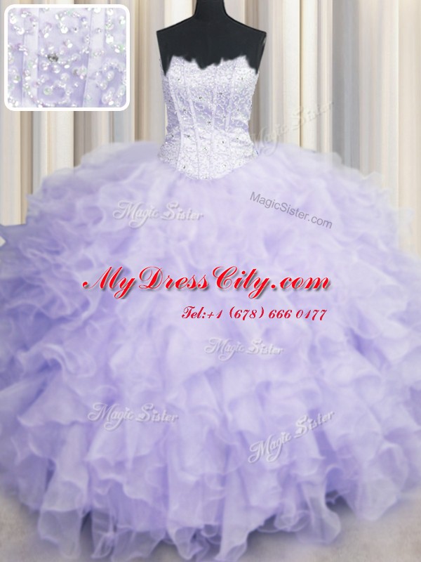 Luxurious Scalloped Beading and Ruffles Quinceanera Dress Lavender Lace Up Sleeveless Floor Length