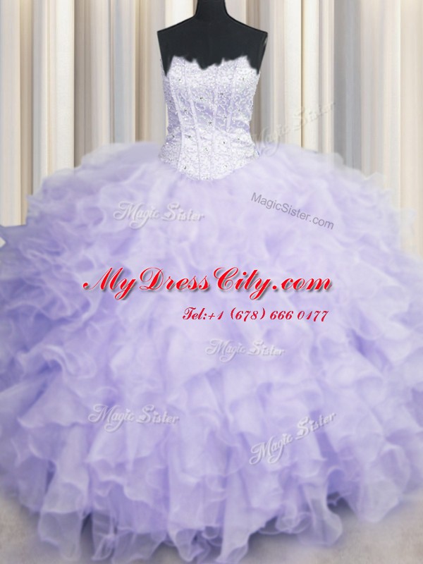 Luxurious Scalloped Beading and Ruffles Quinceanera Dress Lavender Lace Up Sleeveless Floor Length