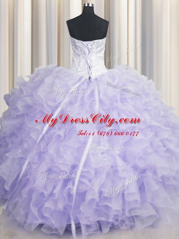 Luxurious Scalloped Beading and Ruffles Quinceanera Dress Lavender Lace Up Sleeveless Floor Length