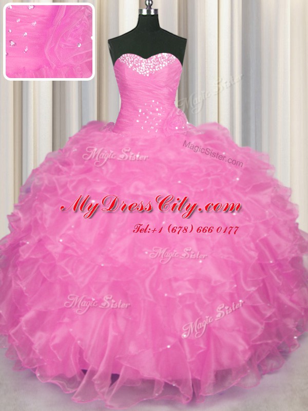 Floor Length Lace Up Quinceanera Dresses Rose Pink for Military Ball and Sweet 16 and Quinceanera with Beading and Ruffles