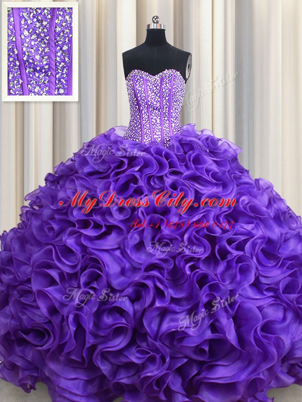 Visible Boning Sweetheart Sleeveless Quinceanera Gown Floor Length Beading and Ruffles Purple Organza