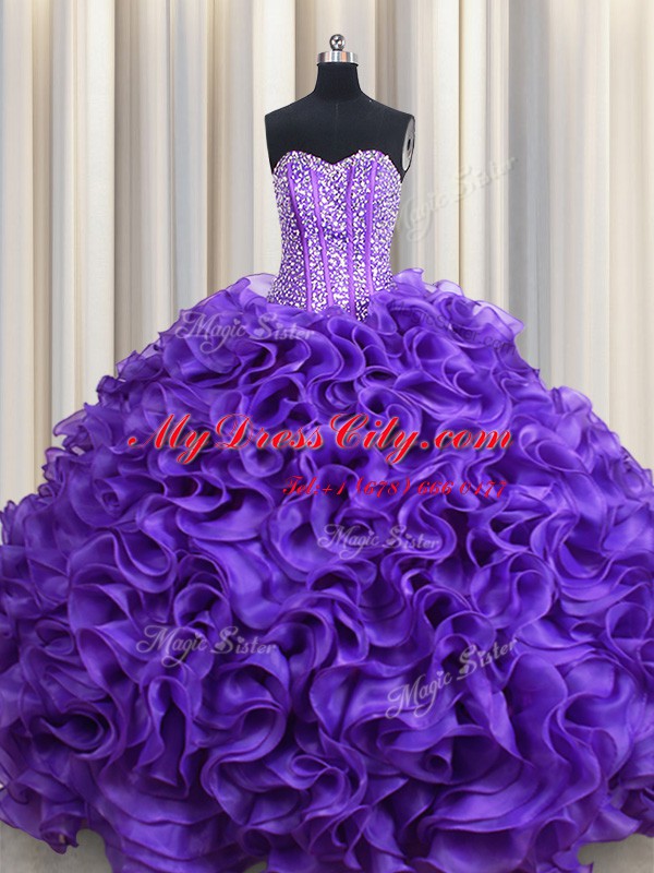 Visible Boning Sweetheart Sleeveless Quinceanera Gown Floor Length Beading and Ruffles Purple Organza