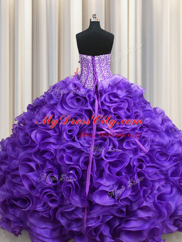 Visible Boning Sweetheart Sleeveless Quinceanera Gown Floor Length Beading and Ruffles Purple Organza