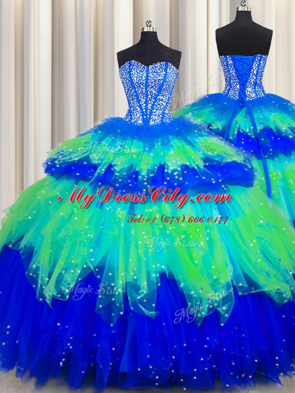 Edgy Bling-bling Visible Boning Multi-color Sweetheart Lace Up Beading and Ruffles and Ruffled Layers and Sequins Quinceanera Gown Sleeveless