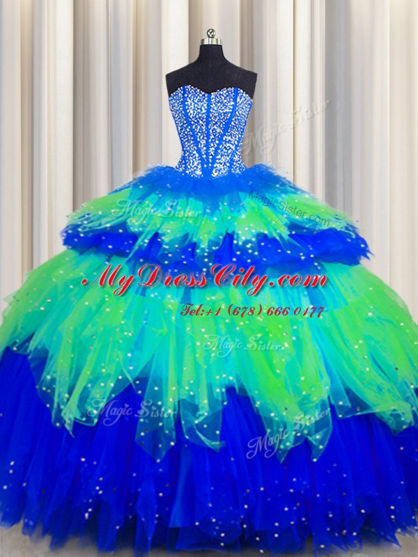 Edgy Bling-bling Visible Boning Multi-color Sweetheart Lace Up Beading and Ruffles and Ruffled Layers and Sequins Quinceanera Gown Sleeveless