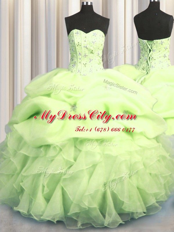 Visible Boning Beading and Ruffles and Pick Ups Sweet 16 Dress Yellow Green Lace Up Sleeveless Floor Length