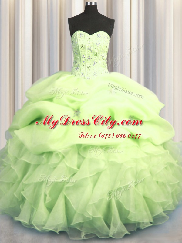 Visible Boning Beading and Ruffles and Pick Ups Sweet 16 Dress Yellow Green Lace Up Sleeveless Floor Length