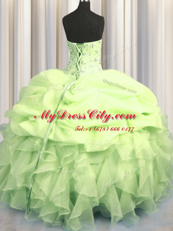 Visible Boning Beading and Ruffles and Pick Ups Sweet 16 Dress Yellow Green Lace Up Sleeveless Floor Length