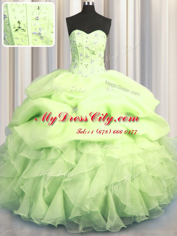 Visible Boning Beading and Ruffles and Pick Ups Sweet 16 Dress Yellow Green Lace Up Sleeveless Floor Length