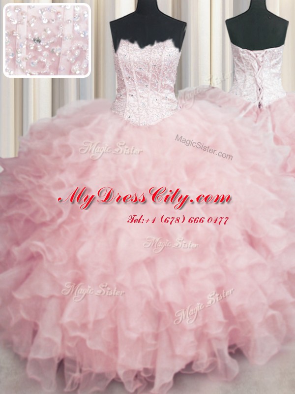 Visible Boning Scalloped Floor Length Baby Pink Sweet 16 Quinceanera Dress Organza Sleeveless Beading and Ruffles