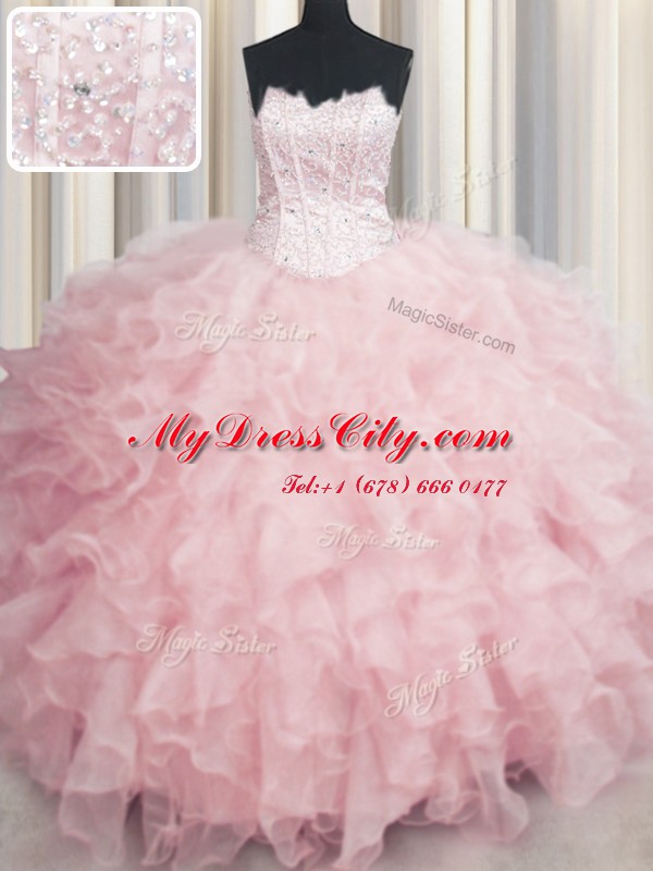 Visible Boning Scalloped Floor Length Baby Pink Sweet 16 Quinceanera Dress Organza Sleeveless Beading and Ruffles