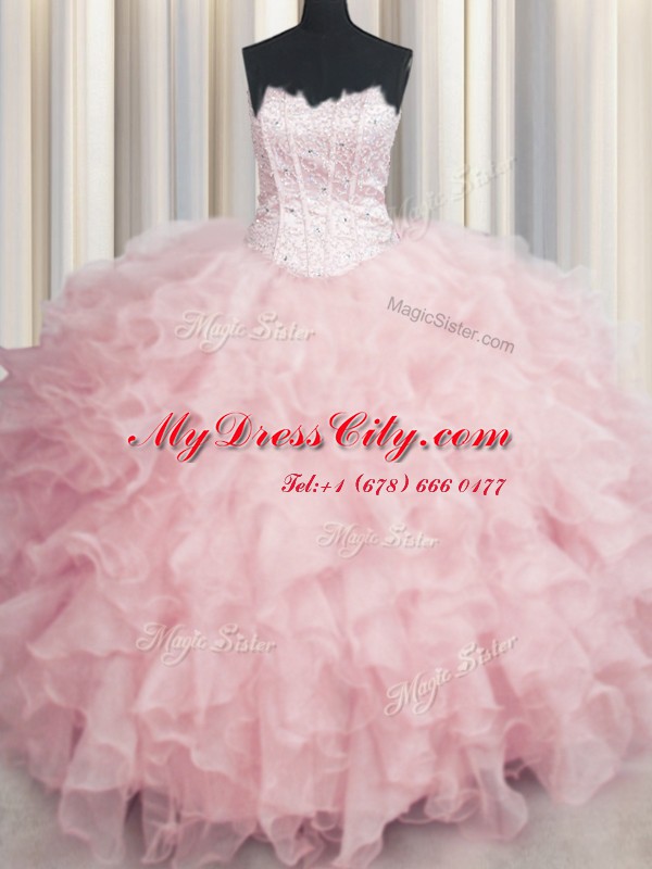 Visible Boning Scalloped Floor Length Baby Pink Sweet 16 Quinceanera Dress Organza Sleeveless Beading and Ruffles