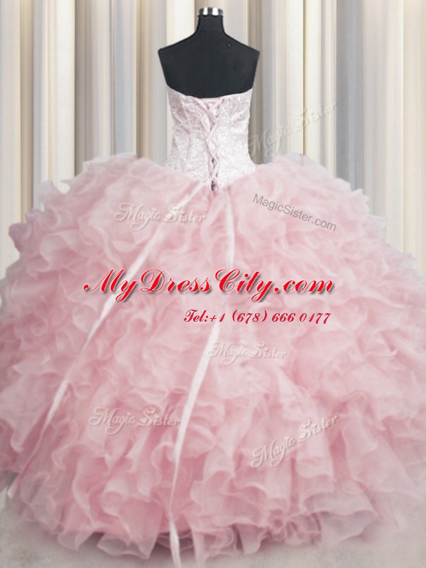 Visible Boning Scalloped Floor Length Baby Pink Sweet 16 Quinceanera Dress Organza Sleeveless Beading and Ruffles