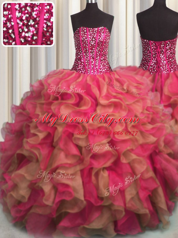 Visible Boning Beaded Bodice Organza Sleeveless Floor Length Quinceanera Dresses and Beading and Ruffles